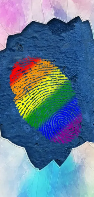 Colorful rainbow fingerprint on blue textured wallpaper.