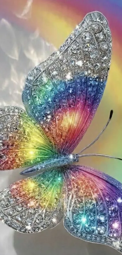 Sparkling rainbow gemstone butterfly with crystal details on a mobile wallpaper.