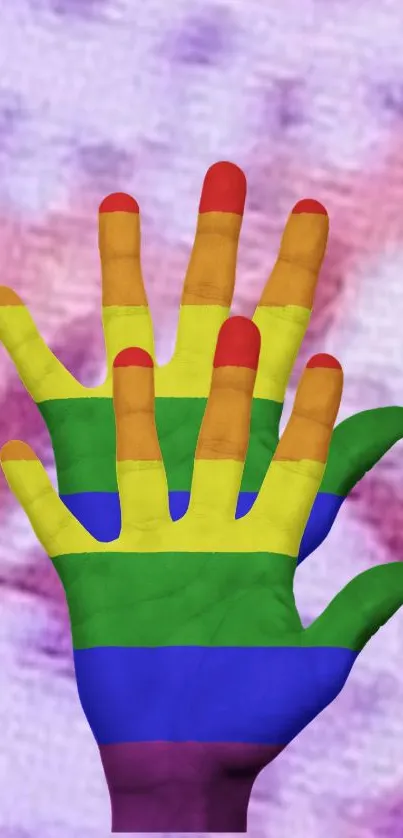 Colorful hands with rainbow stripes on a purple background.