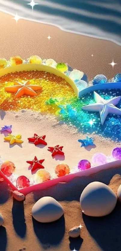 Heart-shaped rainbow stone art on the beach with colorful sparkles and stars.