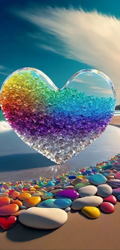 Colorful beach with crystal rainbow heart.