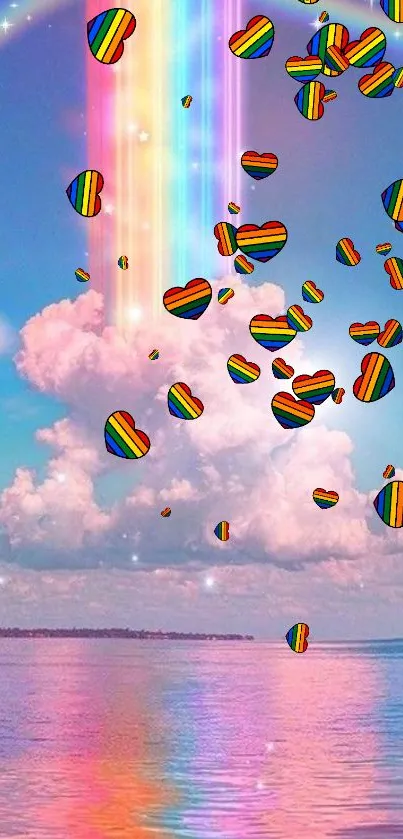 Colorful rainbow hearts cascading from clouds over a serene ocean.