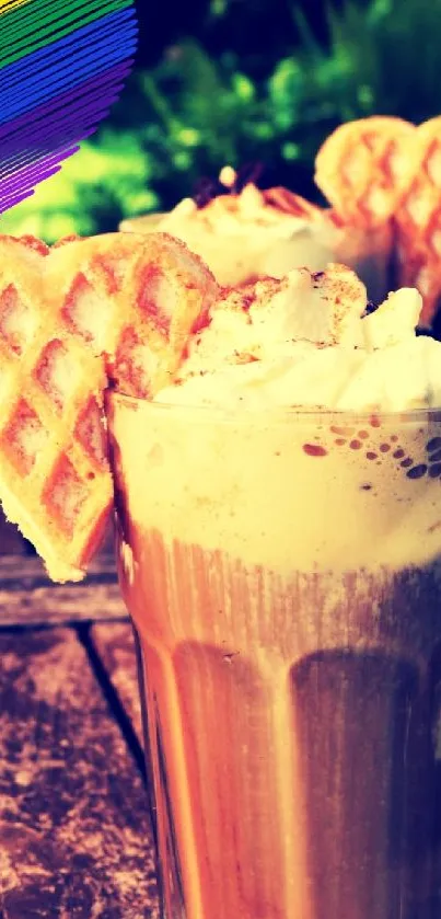 Colorful coffee with waffles and rainbow heart design.