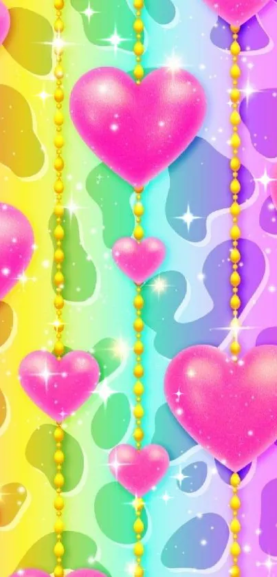 Vibrant pink hearts on rainbow gradient background mobile wallpaper.