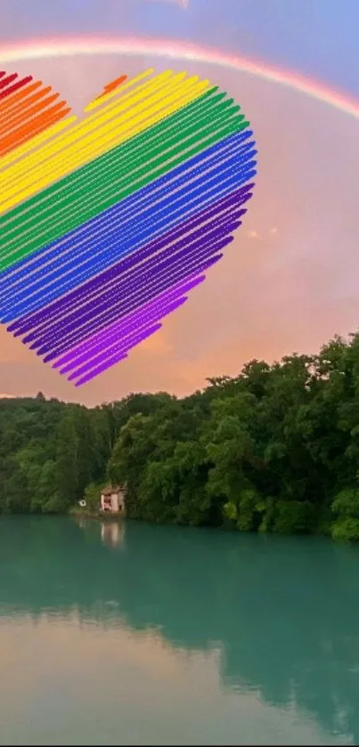 Rainbow heart over a tranquil lake with lush greenery.