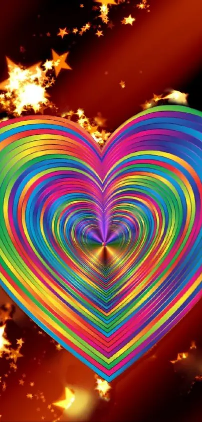 Vibrant rainbow heart with glowing stars on a mobile wallpaper.