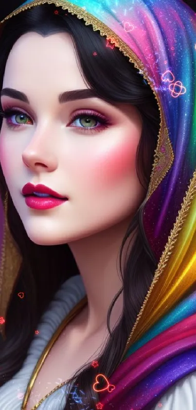 Artistic portrait of a woman in a vibrant, rainbow-colored hood.