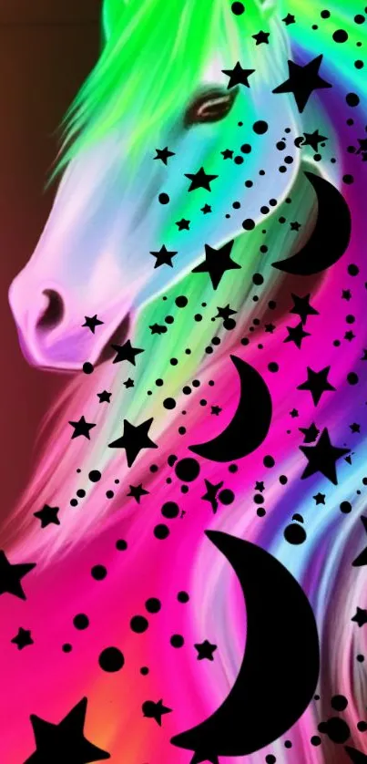 Vivid rainbow horse with celestial patterns on a pink gradient background.