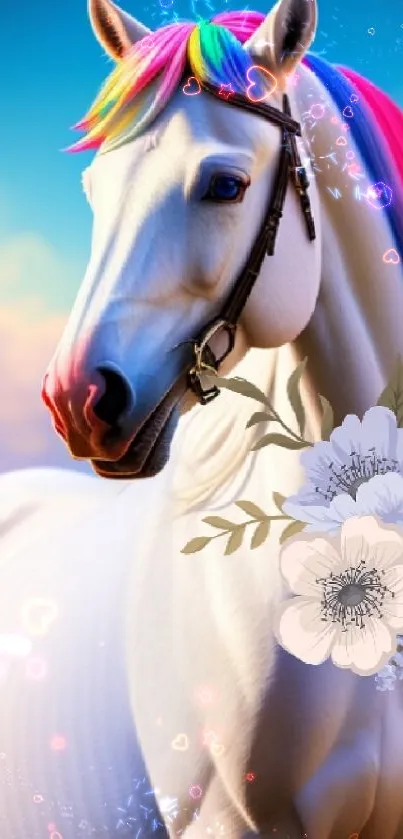 White horse with rainbow mane and floral accents in a fantasy backdrop.