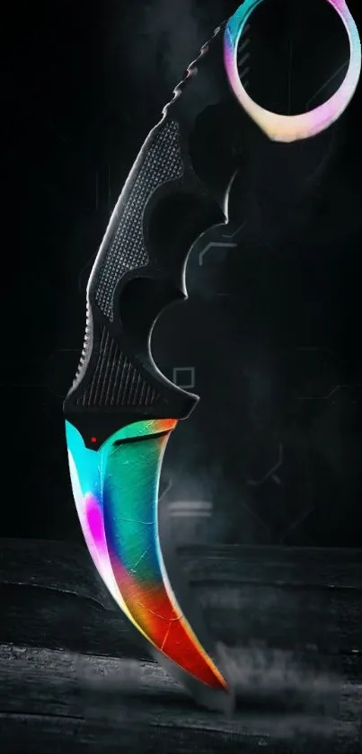 Rainbow karambit knife on a dark background.