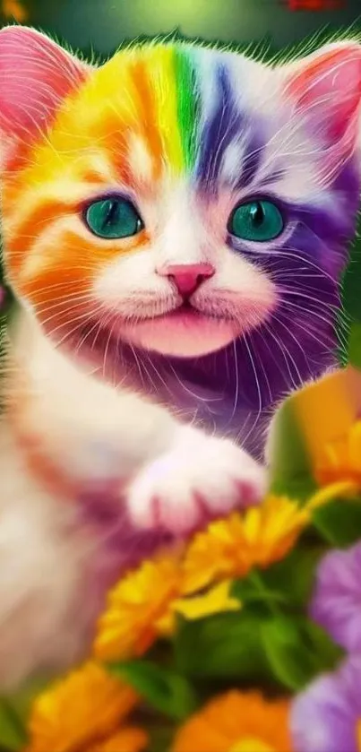 Colorful rainbow kitten amidst vibrant flowers.