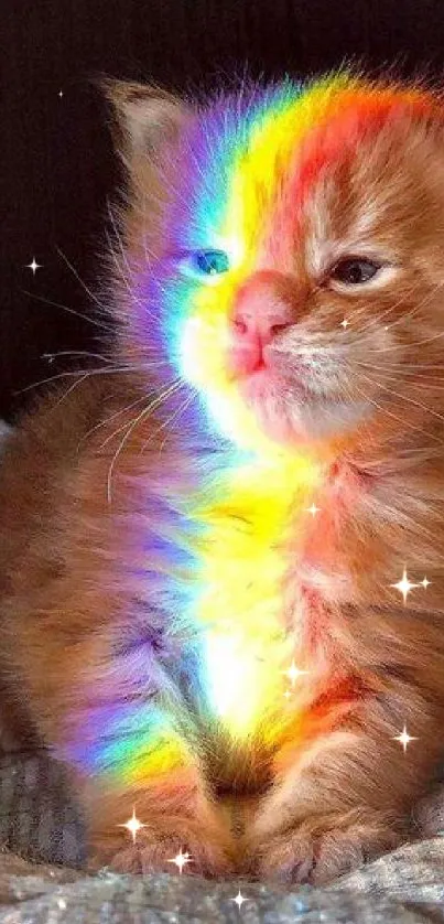 Cute kitten with rainbow light reflection on its fur, sitting on a textured surface.