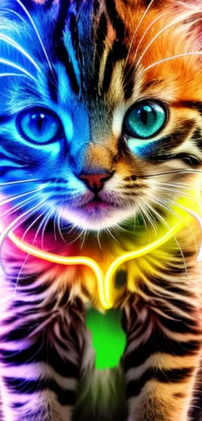 Colorful kitten with neon glow and rainbow hues on black background.