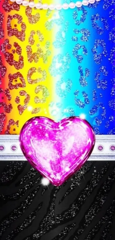 Vibrant rainbow and leopard print wallpaper with a sparkling pink heart.