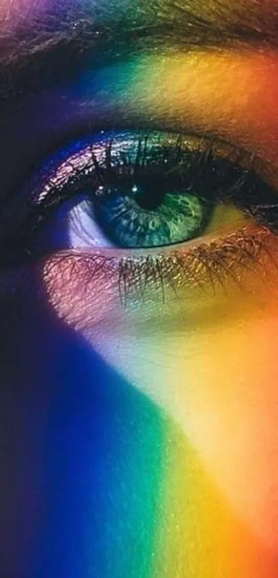 Rainbow-lit eye on vibrant wallpaper with bold colors.