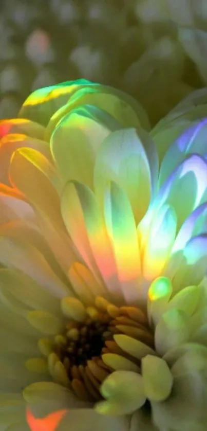 Rainbow light on white flower petals.