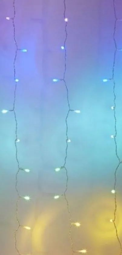 Colorful fairy light strings on a blue background.