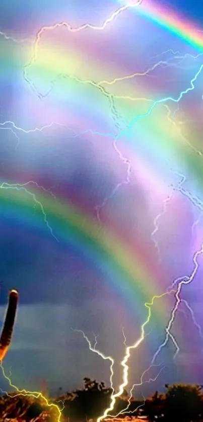 Vibrant rainbow lightning in a desert landscape wallpaper.