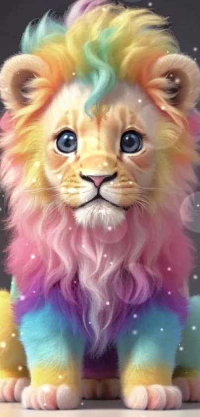 Cute rainbow-maned lion cub in a colorful wallpaper.