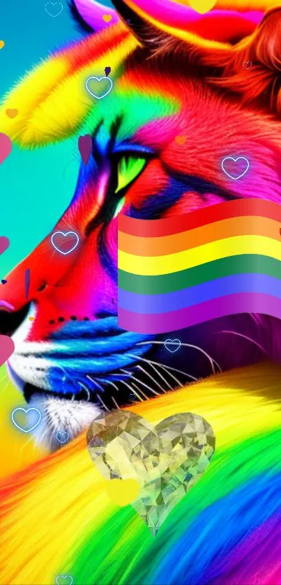 Rainbow lion with pride flag and hearts.