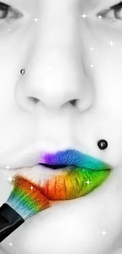 Grayscale portrait with rainbow-colored lips.