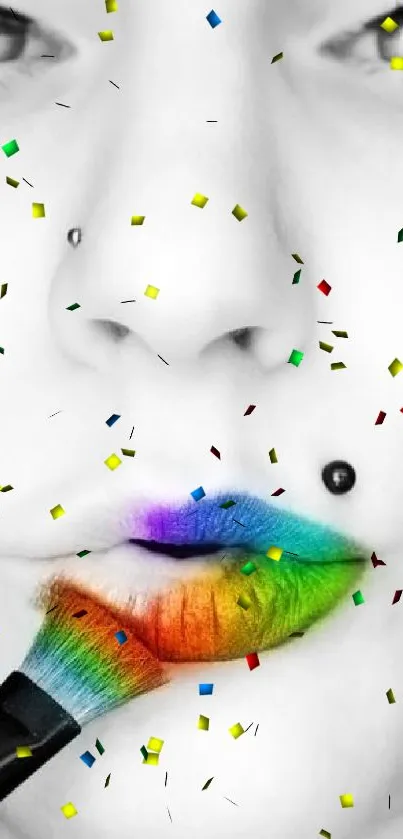 Monochrome face with rainbow lips enhanced by a colorful brush.