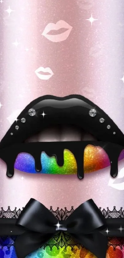 Stylish wallpaper with dripping rainbow lips and black lace accents.