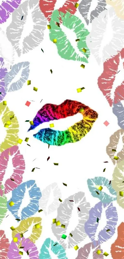 Rainbow colored lips with vivid patterns on a mobile wallpaper.