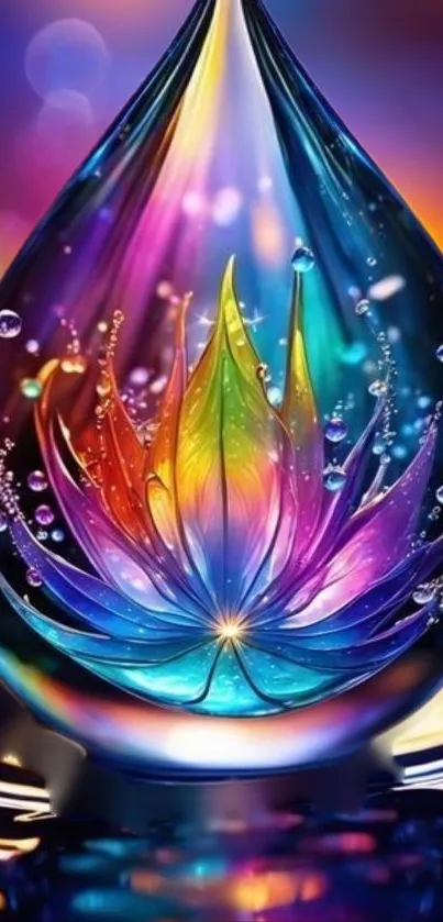 A vibrant lotus enclosed in a rainbow-colored droplet on a reflective surface.