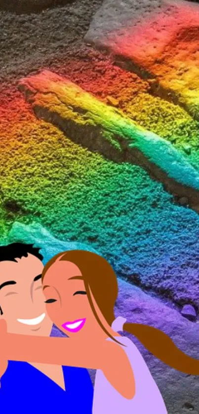 Colorful rainbow background with a happy couple embracing.