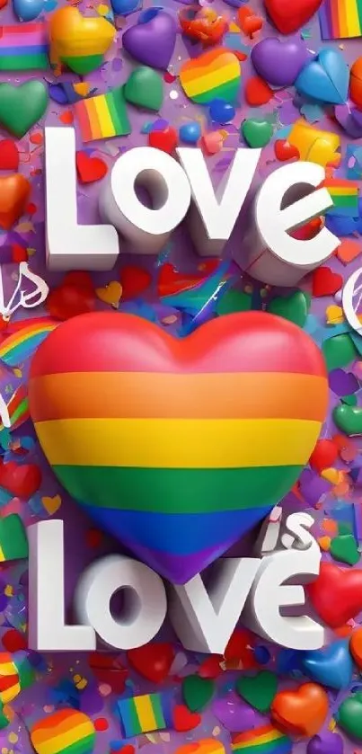Colorful 'Love is Love' mobile wallpaper with rainbow hearts.