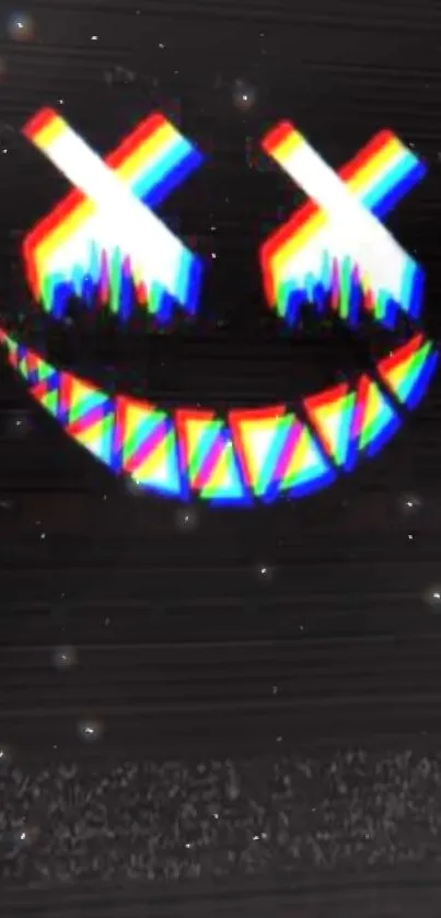 Colorful glitchy smiley face on a dark background.