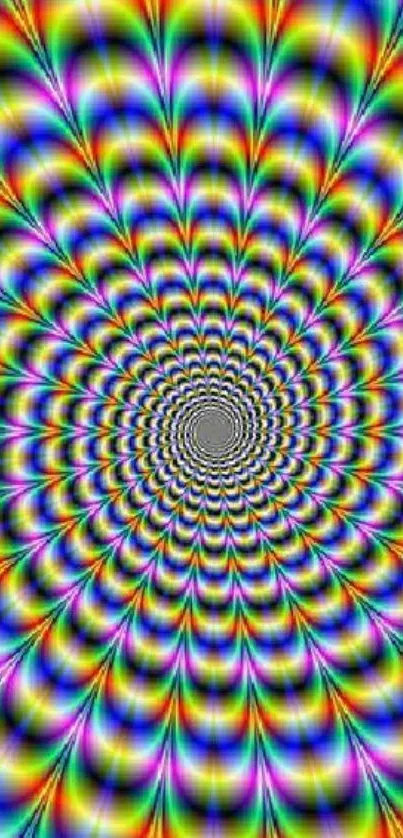 Mesmerizing rainbow optical illusion wallpaper with vibrant spiral patterns.