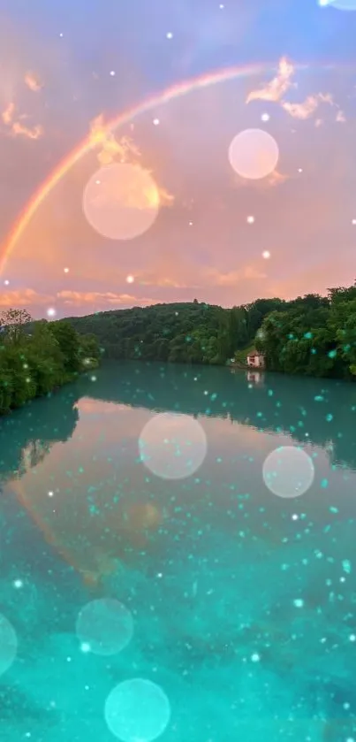 Rainbow arches over a peaceful turquoise lake at sunset.