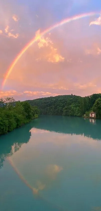 A vibrant rainbow arcs over a tranquil lake with lush greenery and pastel skies.