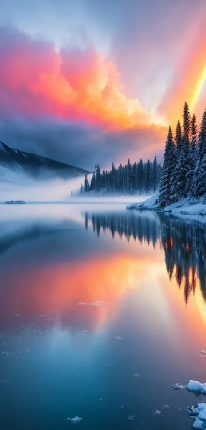 Snowy lake reflecting rainbow at dawn.