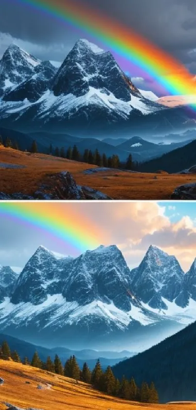 Rainbow arching over snowy mountain landscape with vibrant colors.