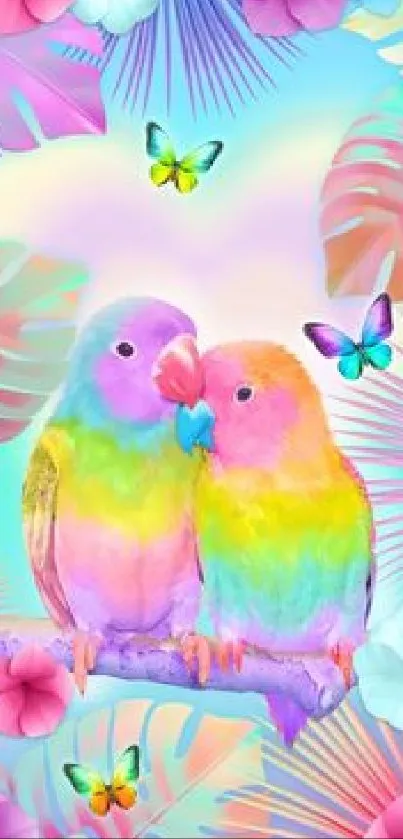 Rainbow parrots and butterflies in a tropical pastel scene.