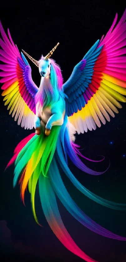 Colorful rainbow Pegasus with wings in a starry night sky.