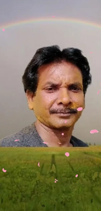 Portrait in green field under rainbow with pink petals.