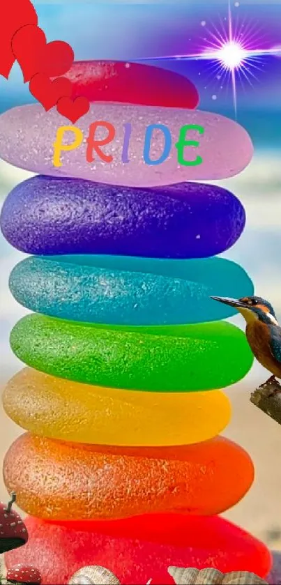 Colorful beach theme with rainbow stones and pride celebration.