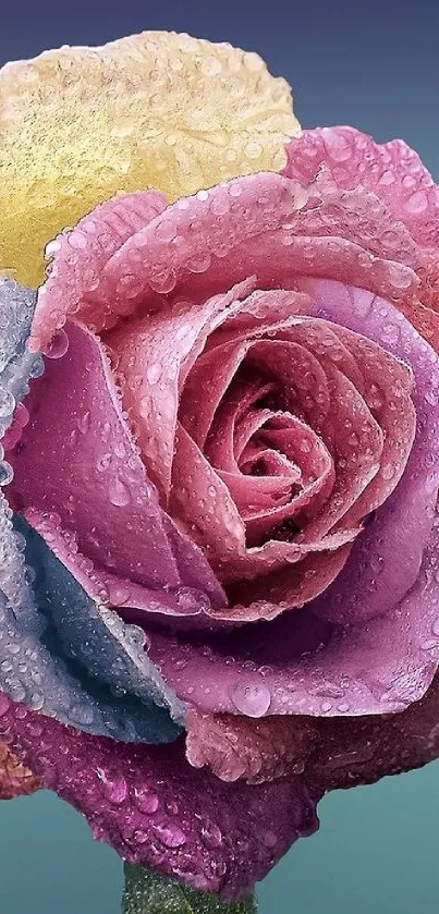 Close-up of a vibrant rainbow rose with dewdrops, showcasing pink and purple hues.