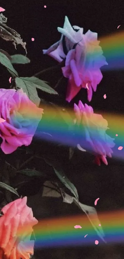 Colorful roses with rainbow beams on a black background.