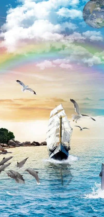 Sailboat on ocean under a rainbow with dolphins and seagulls.