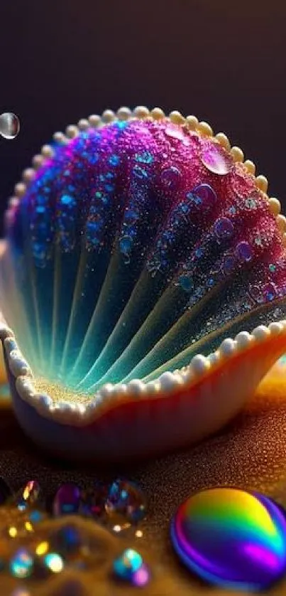 Colorful seashell with rainbow hues and droplets on sand wallpaper.