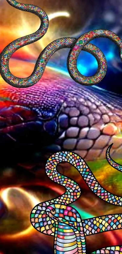 Vibrant rainbow serpent art wallpaper with intricate colorful patterns.