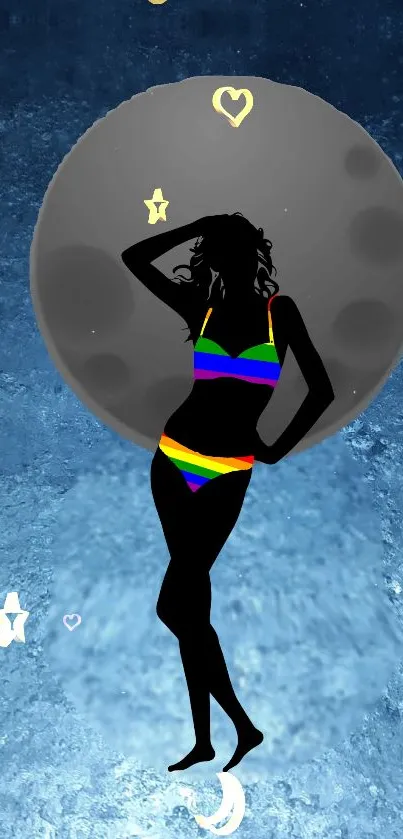 Silhouette in rainbow bikini under moon with blue background.