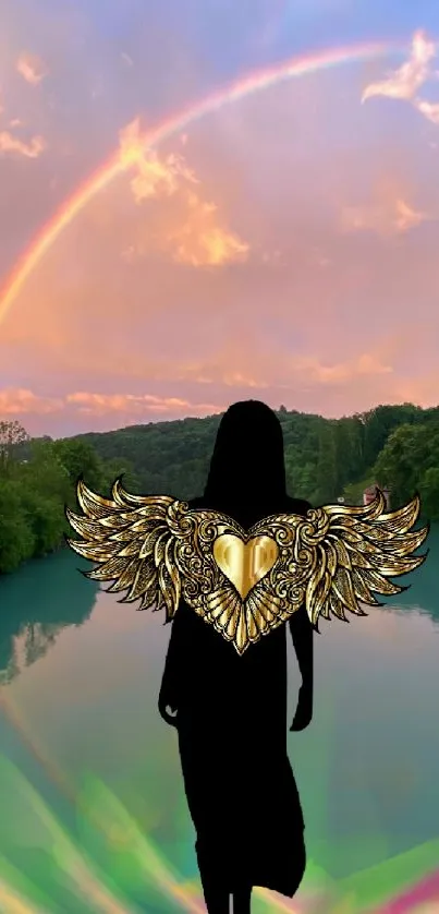 Silhouette with wings under rainbow by river.