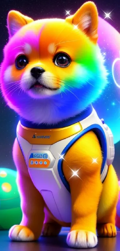 Cute digital rainbow dog in space setting wallpaper.