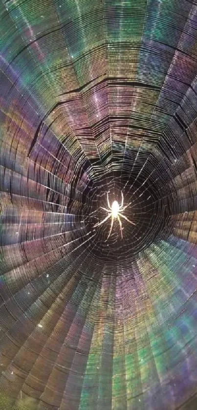 Iridescent spider web with vibrant colors glowing from the center.